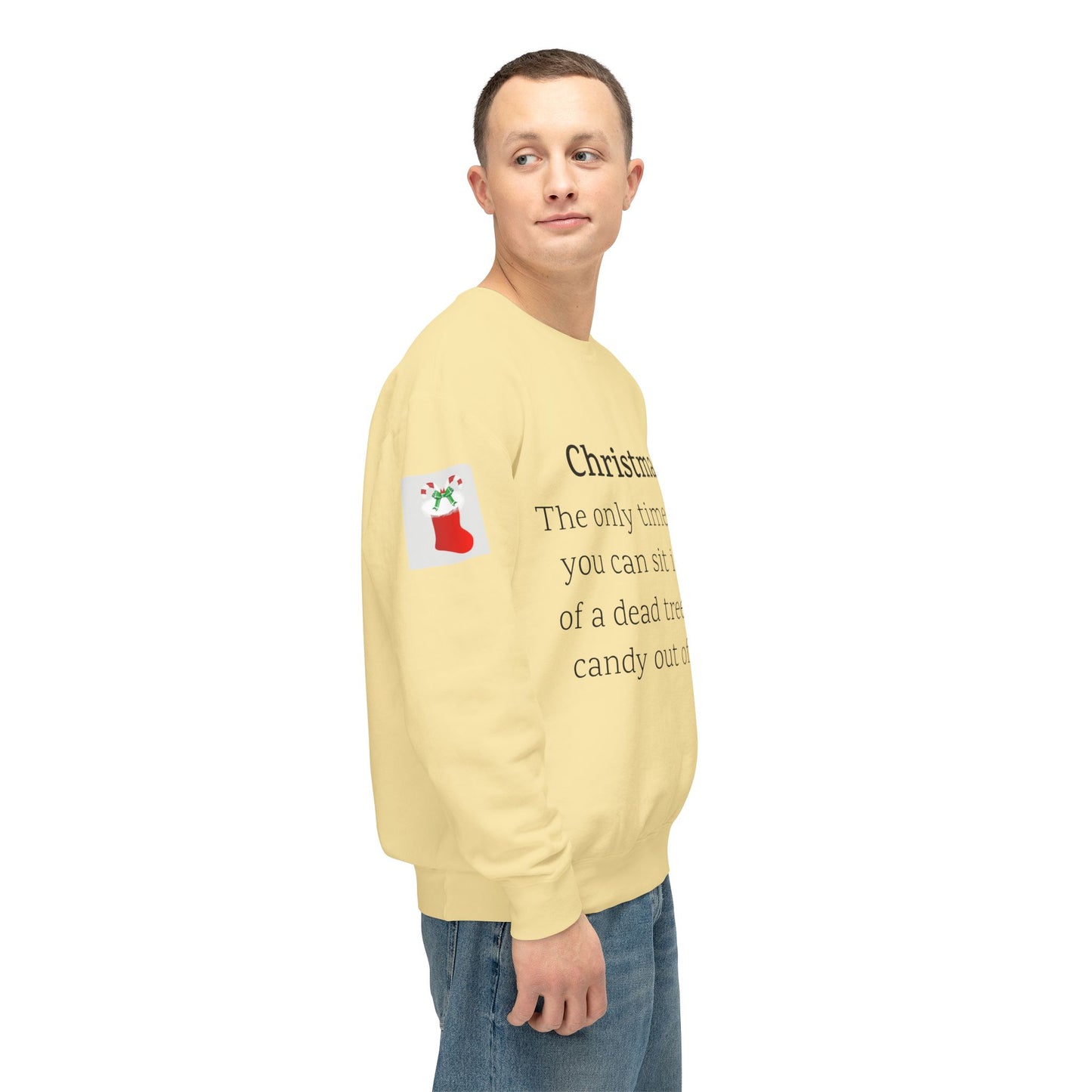 Weihnachtspullover – Spruch: Süßigkeiten aus Socken essen