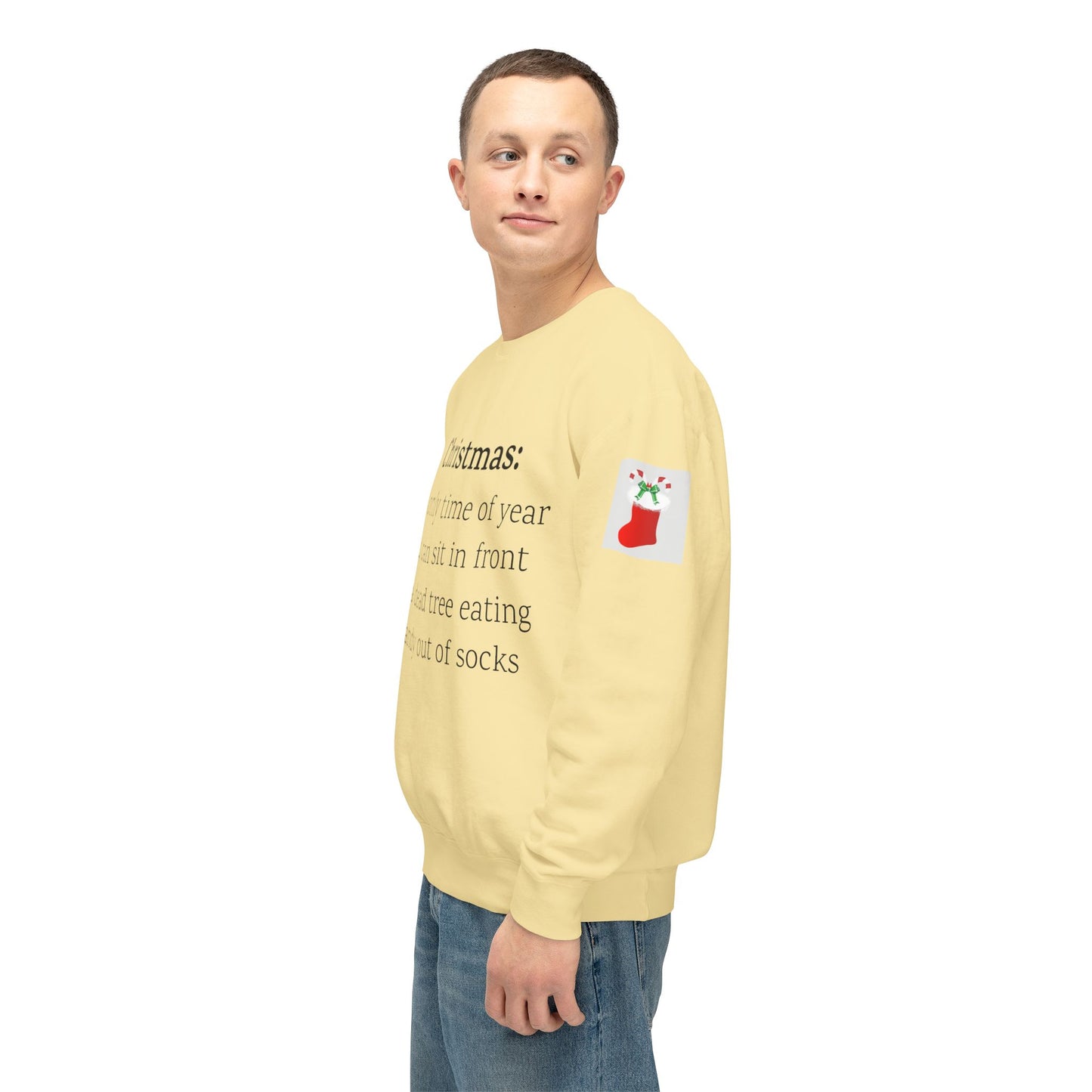 Weihnachtspullover – Spruch: Süßigkeiten aus Socken essen