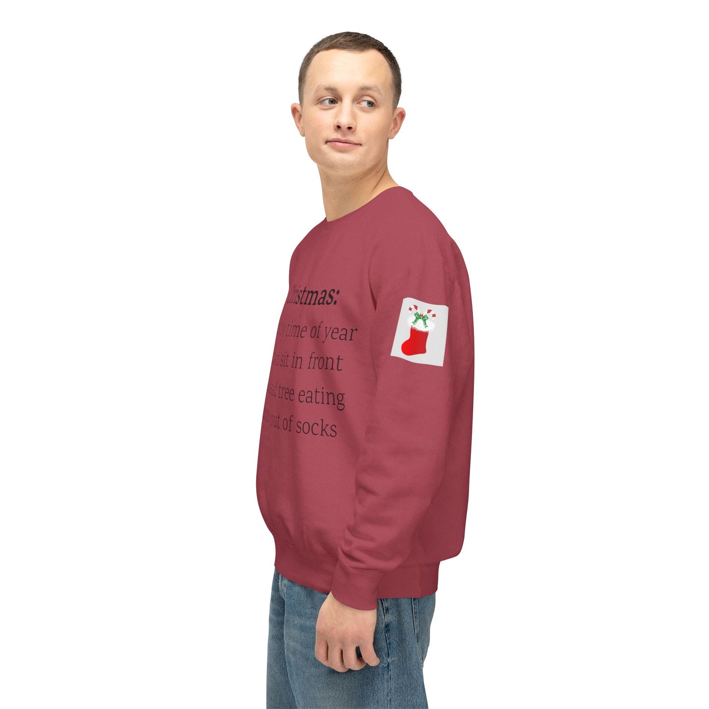 Weihnachtspullover – Spruch: Süßigkeiten aus Socken essen