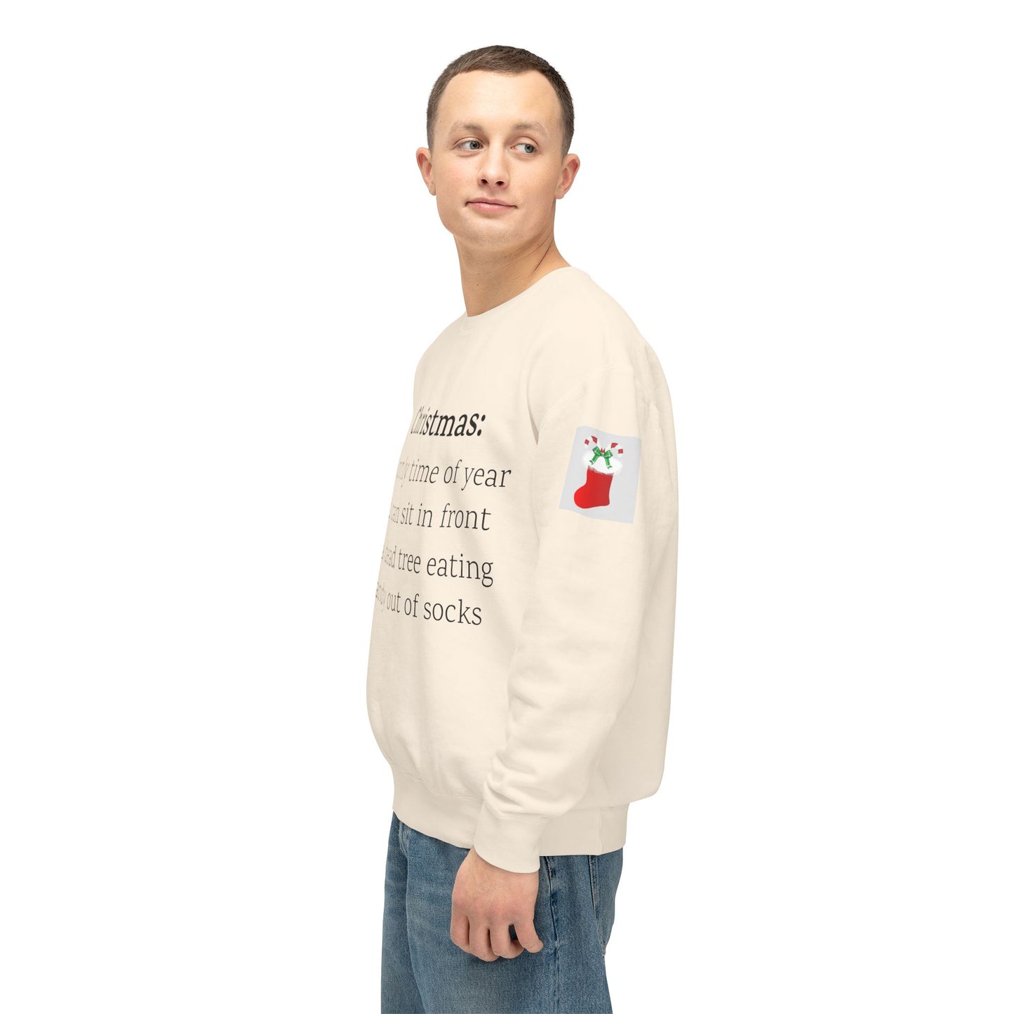 Weihnachtspullover – Spruch: Süßigkeiten aus Socken essen