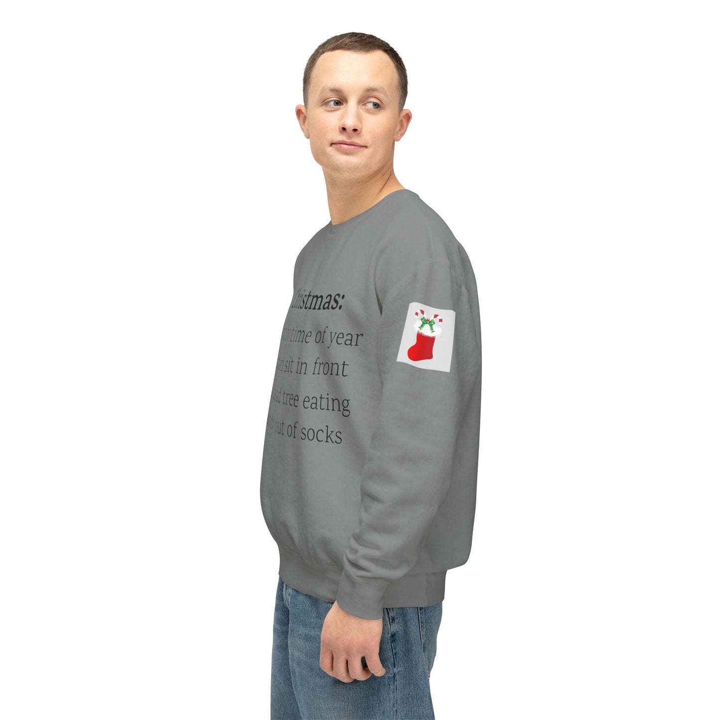 Weihnachtspullover – Spruch: Süßigkeiten aus Socken essen